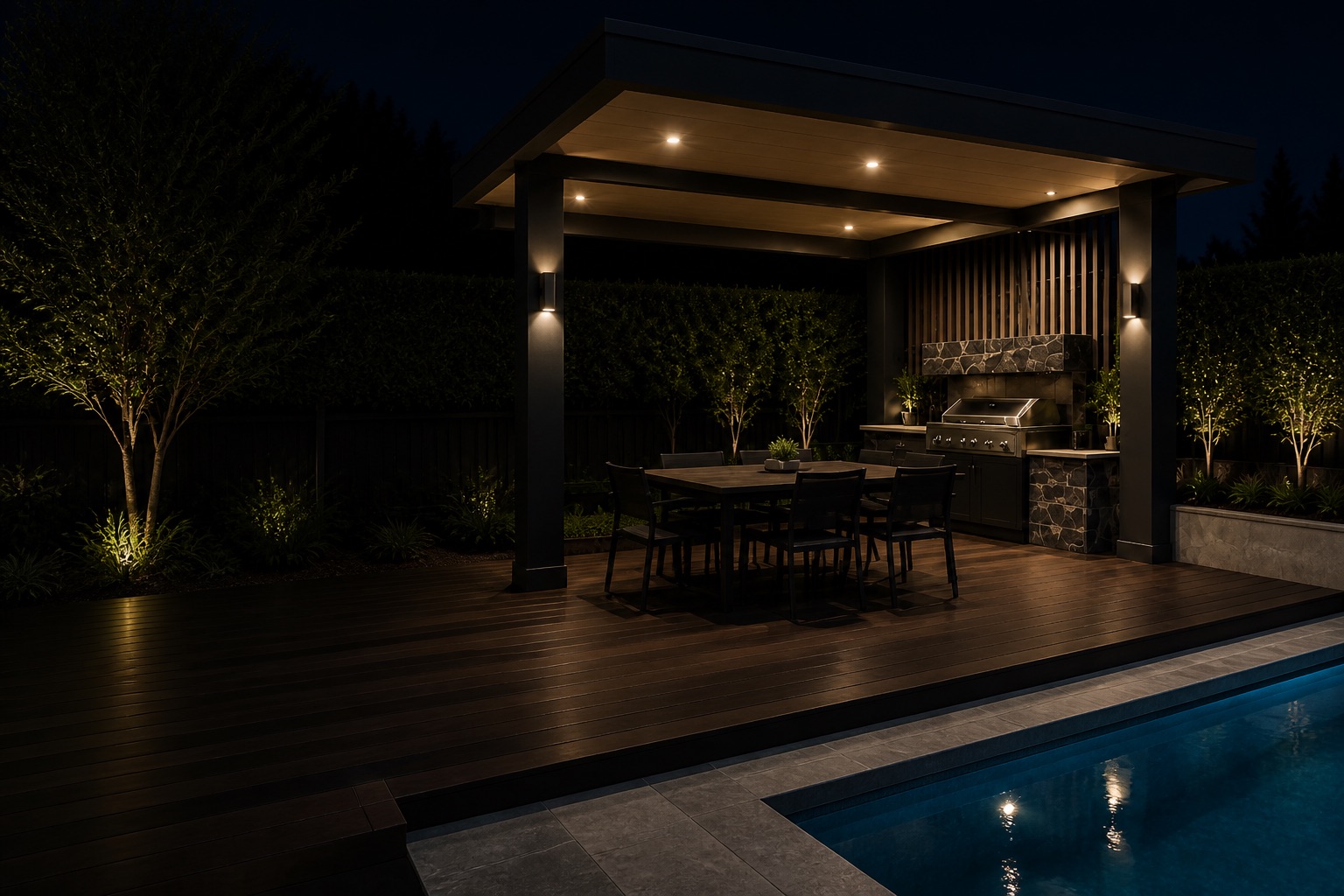 Luxe Constructions outdoor kitchen, deck and pool project at night